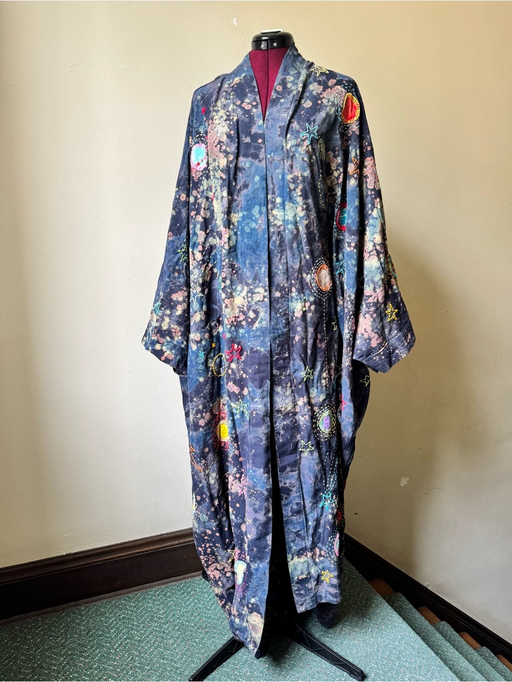 Artisan Hand Dyed Galaxy Stars Planets Linen Tie Dye Kimono